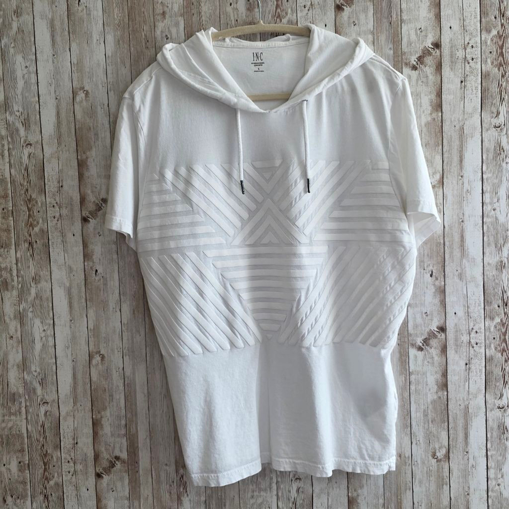 Men's INC International Concepts White Textured Short Sleeve Hoodie Tshirt L